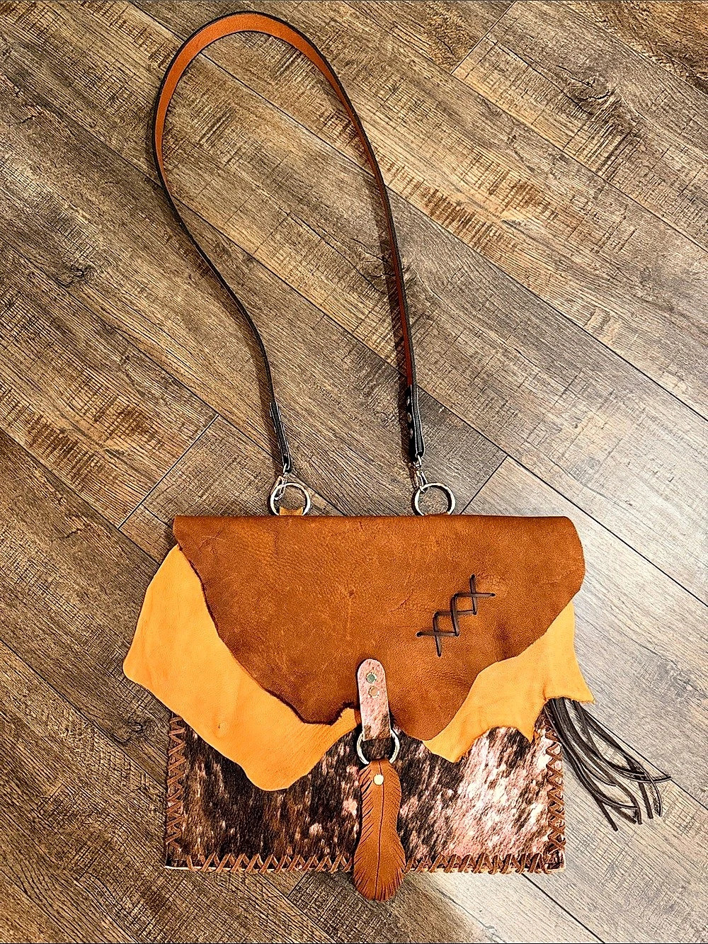Leather Fringe Crossbody Bag in Brown, Tan, Pink Hair on Hide